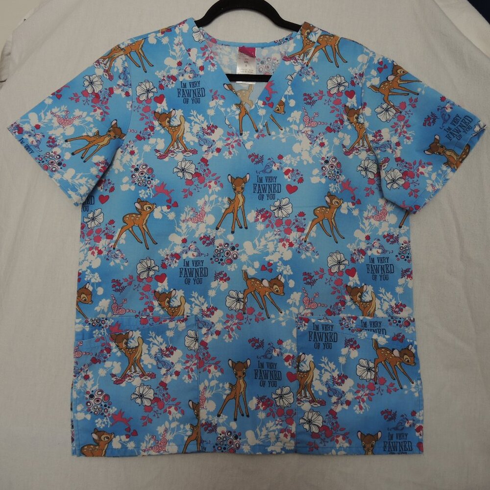 Disney's Bambi V-Neck Scrub Top 4 Pockets Size Small